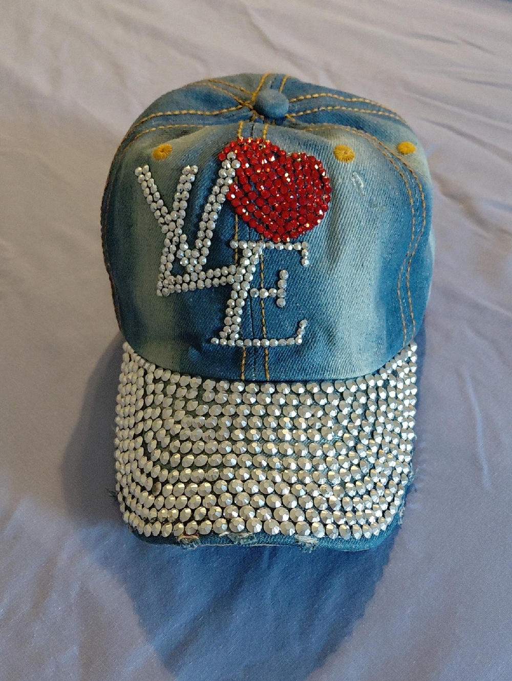 Denim Rhinestone "LOVE" Baseball Cap with Red Heart